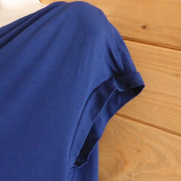 Eileen Fisher Navy Blue Bonnet Drape Front Jersey Cap Sleeve Above Knee Dress S - Picture 8 of 11